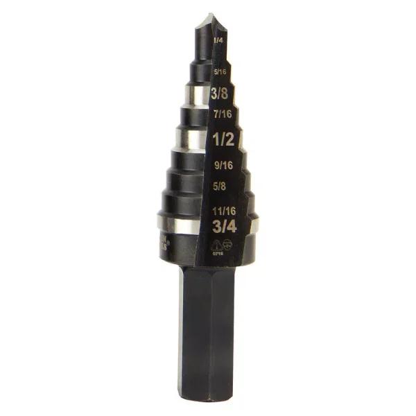 Klein Tools Double Fluted Step Drill Bit, 1/4 in. to 3/4 in., 3/8 in. Hex Shank, High Speed Steel