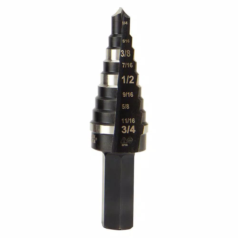 Klein Tools Double Fluted Step Drill Bit, 1/4 in. to 3/4 in., 3/8 in. Hex Shank, High Speed Steel