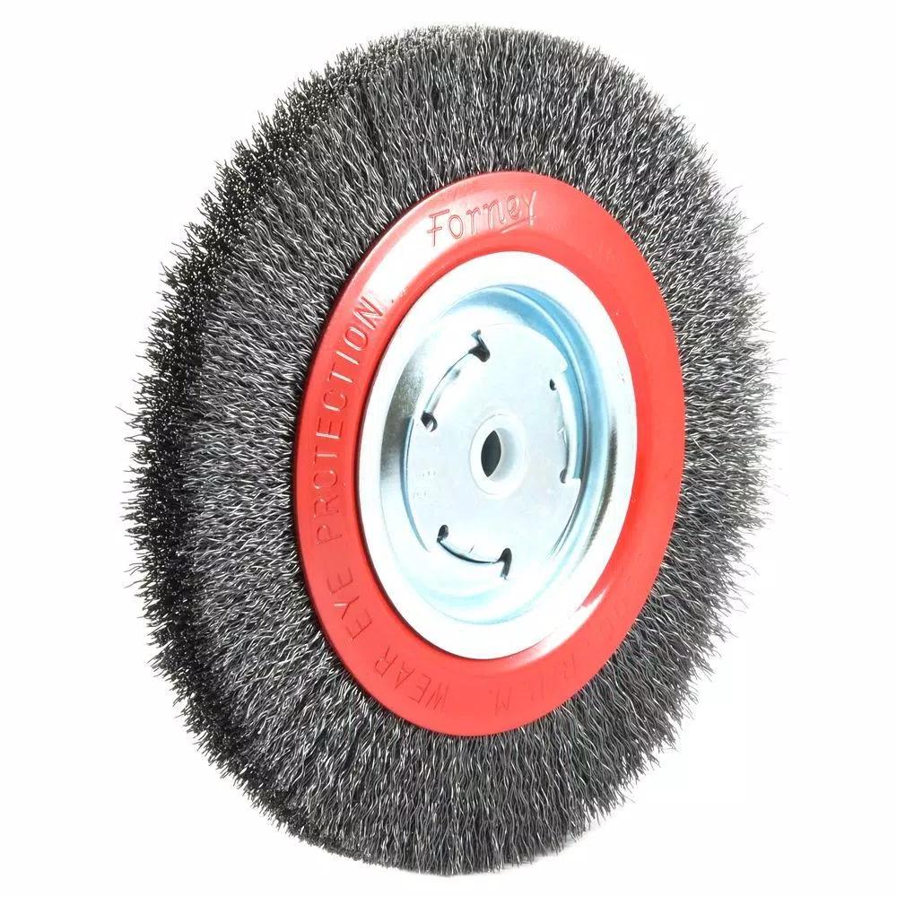 Forney 8 in. Wide Face Crimped Wire Bench Wheel Brush, 1/2 in. and 5/8 in. Arbor
