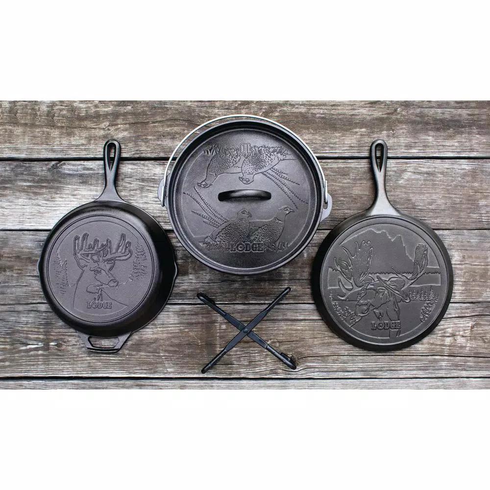 Lodge Wildlife Series 5-Piece Cast Iron Cookware Set with Moose, Deer, and Pheasant Designs