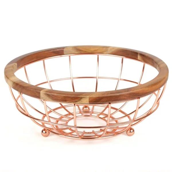 Creative Home Deluxe Acacia Wood and Copper Plated Iron Wire Fruit Basket Bowl