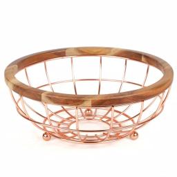 Creative Home Deluxe Acacia Wood and Copper Plated Iron Wire Fruit Basket Bowl thumbnail 1