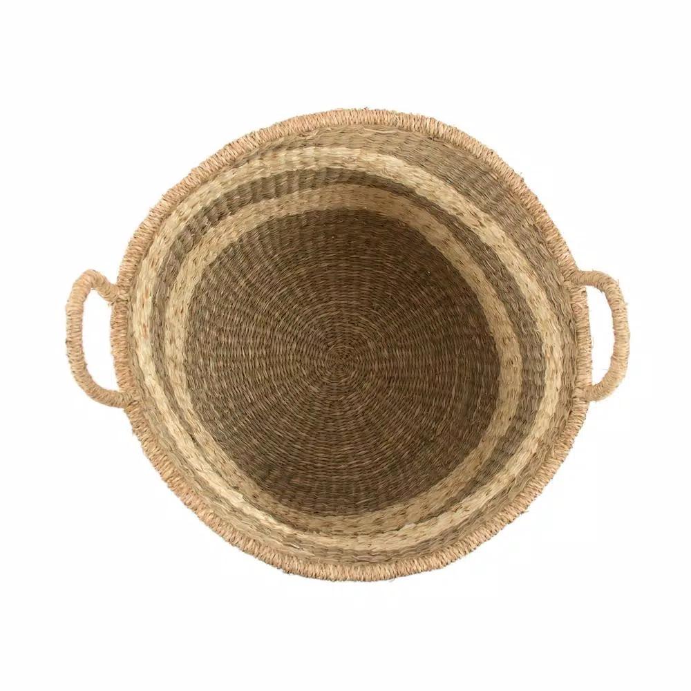 Zentique Large Hand Woven Seagrass and Palm Leaf Striped Basket with Handles
