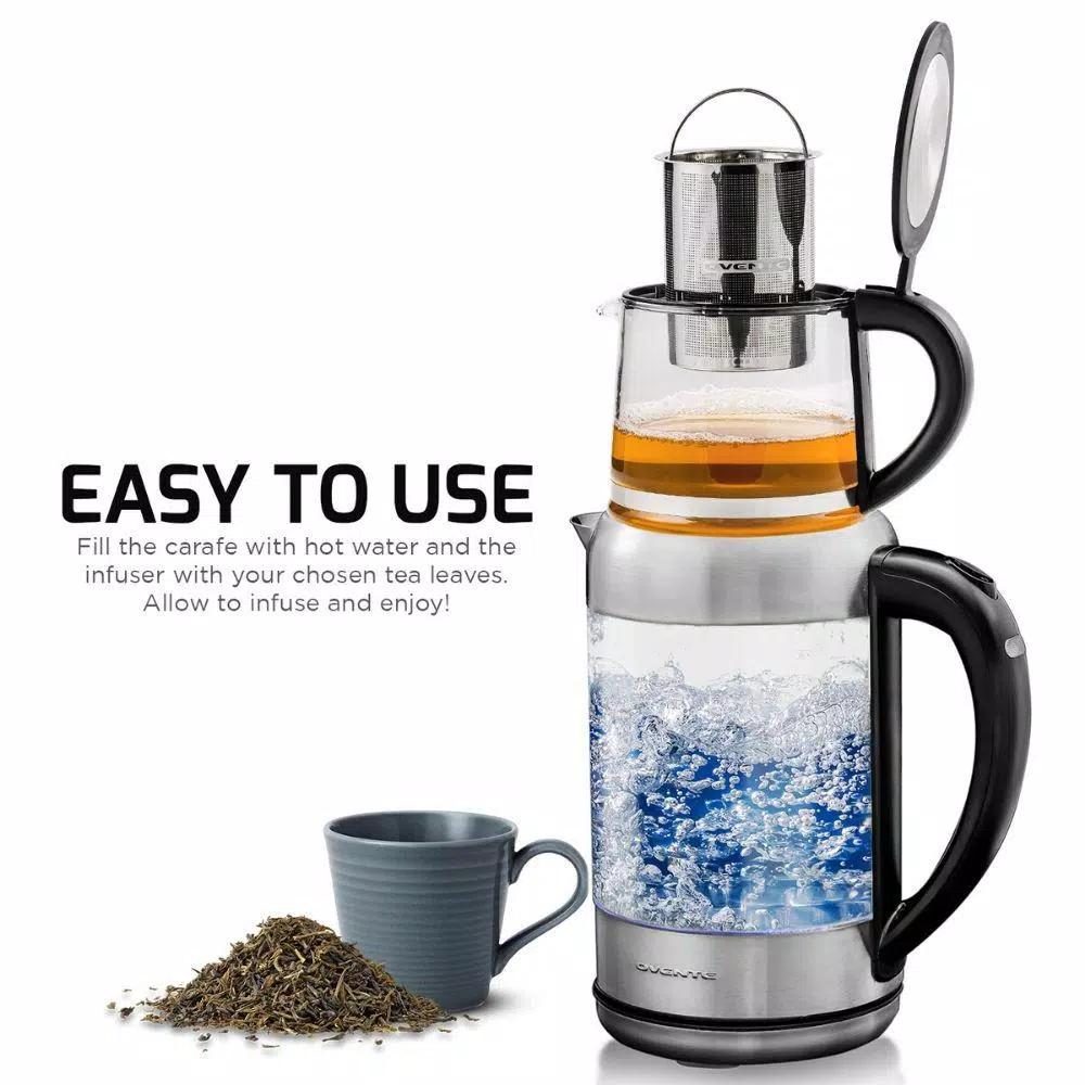 Ovente KG612S 1.7L Glass Electric Kettle with ProntoFill Technology and Reusable Teapot Infuser, Silver