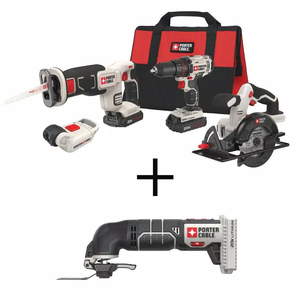 Porter-Cable 20V MAX Lithium-Ion Cordless 4-Tool Combo Kit with Bonus Oscillating Tool and 11-Piece Accessory Set