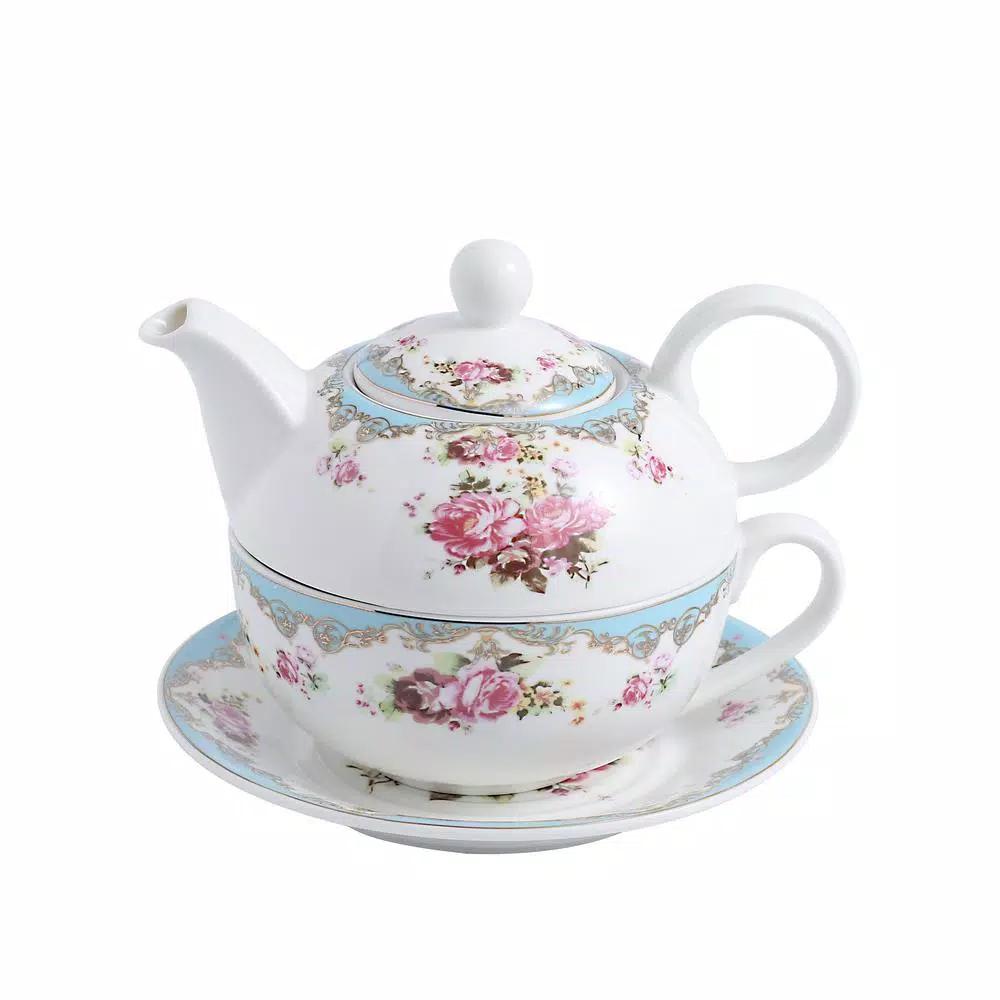 MALACASA Elegant Porcelain Tea Set for One - 3 Piece Teapot, Teacup and Saucer Set, White with Pattern