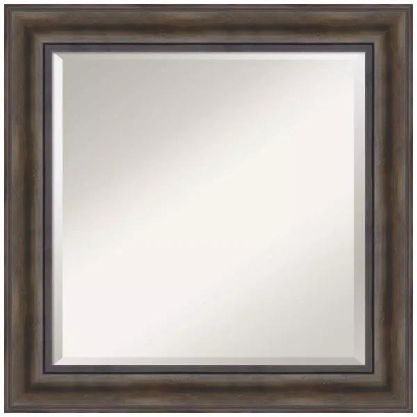 Amanti Art 25 in. Square Rustic Dark Brown Distressed Wood Framed Beveled Edge Bathroom Vanity Mirror