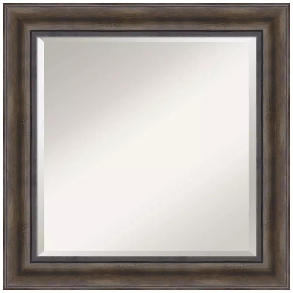 Amanti Art 25 in. Square Rustic Dark Brown Distressed Wood Framed Beveled Edge Bathroom Vanity Mirror