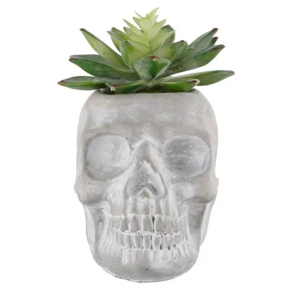 Flora Bunda 5 in. Halloween Sugar Skull Artificial Succulent Planter in Gray Cement