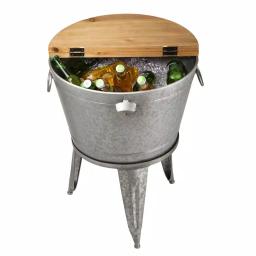 Glitzhome 26.29 in. Gray Galvanized Metal Beverage Tub with Firwood Lid and Metal Stand thumbnail 9