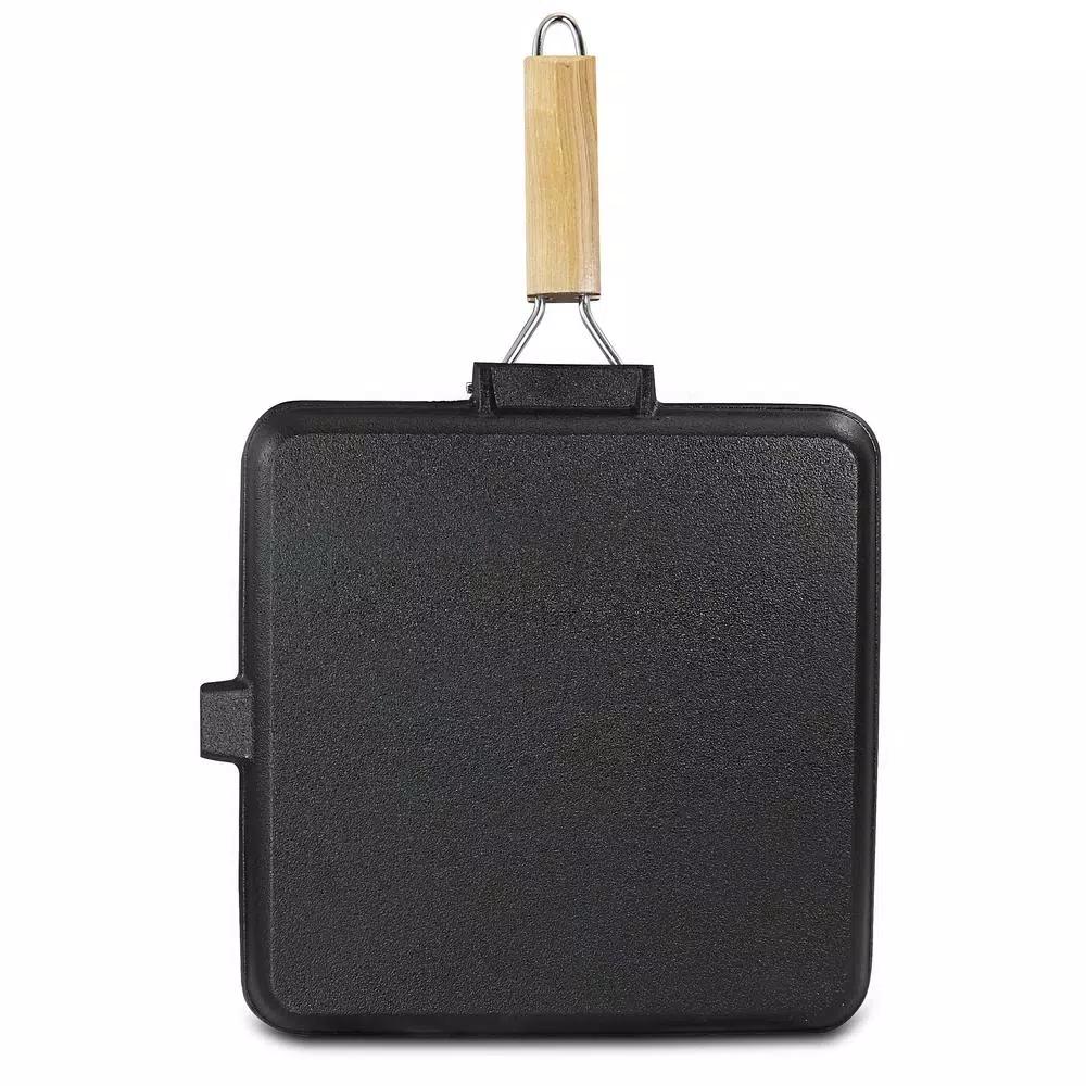 General Store Addlestone 14 in. Square Cast Iron Grill Pan with Foldable Wooden Handle, Black