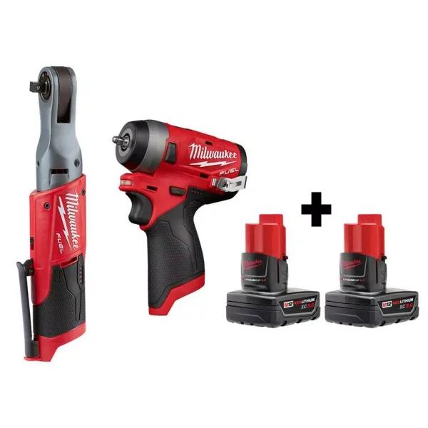 Milwaukee M12 FUEL 12V Cordless 3/8 in. Ratchet & 1/4 in. Stubby Impact Wrench Combo Kit with (2) 3.0 Ah Batteries