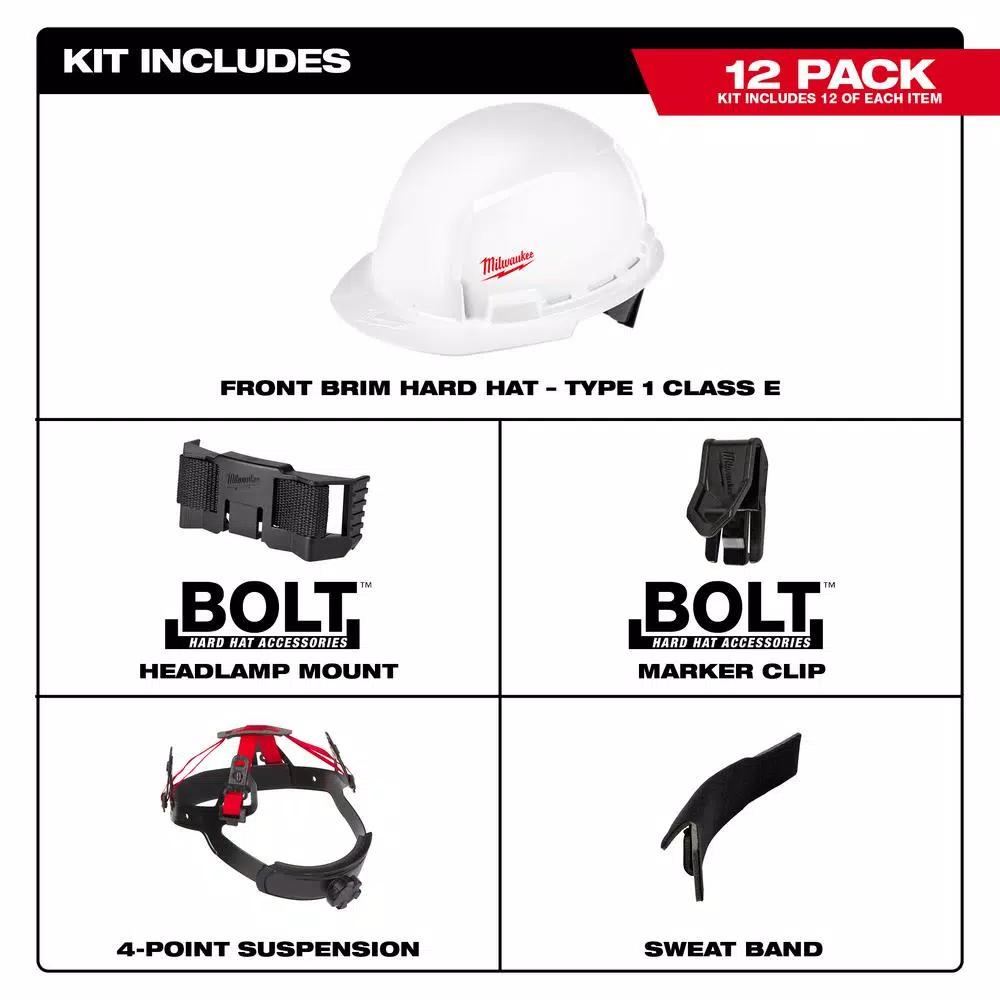 Milwaukee BOLT White Type 1 Class E Front Brim Hard Hat with Small Logo (12-Pack)
