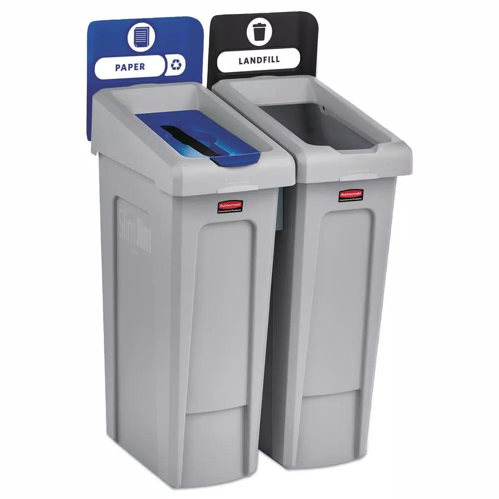 Rubbermaid Commercial Products 46 Gal. Slim Jim 2-Stream Recycling Station Kit, Landfill & Paper, Blue/Gray