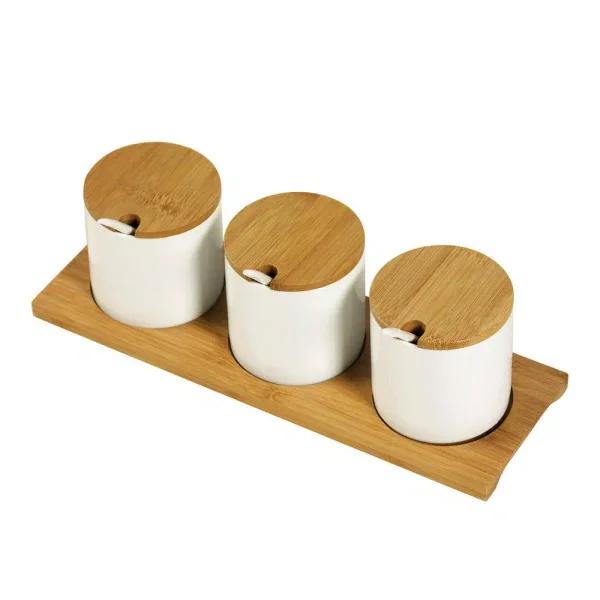 Unbranded Denmark Tools For Cooks 10-Piece White Porcelain Condiment Server Set with Bamboo Lids and Tray