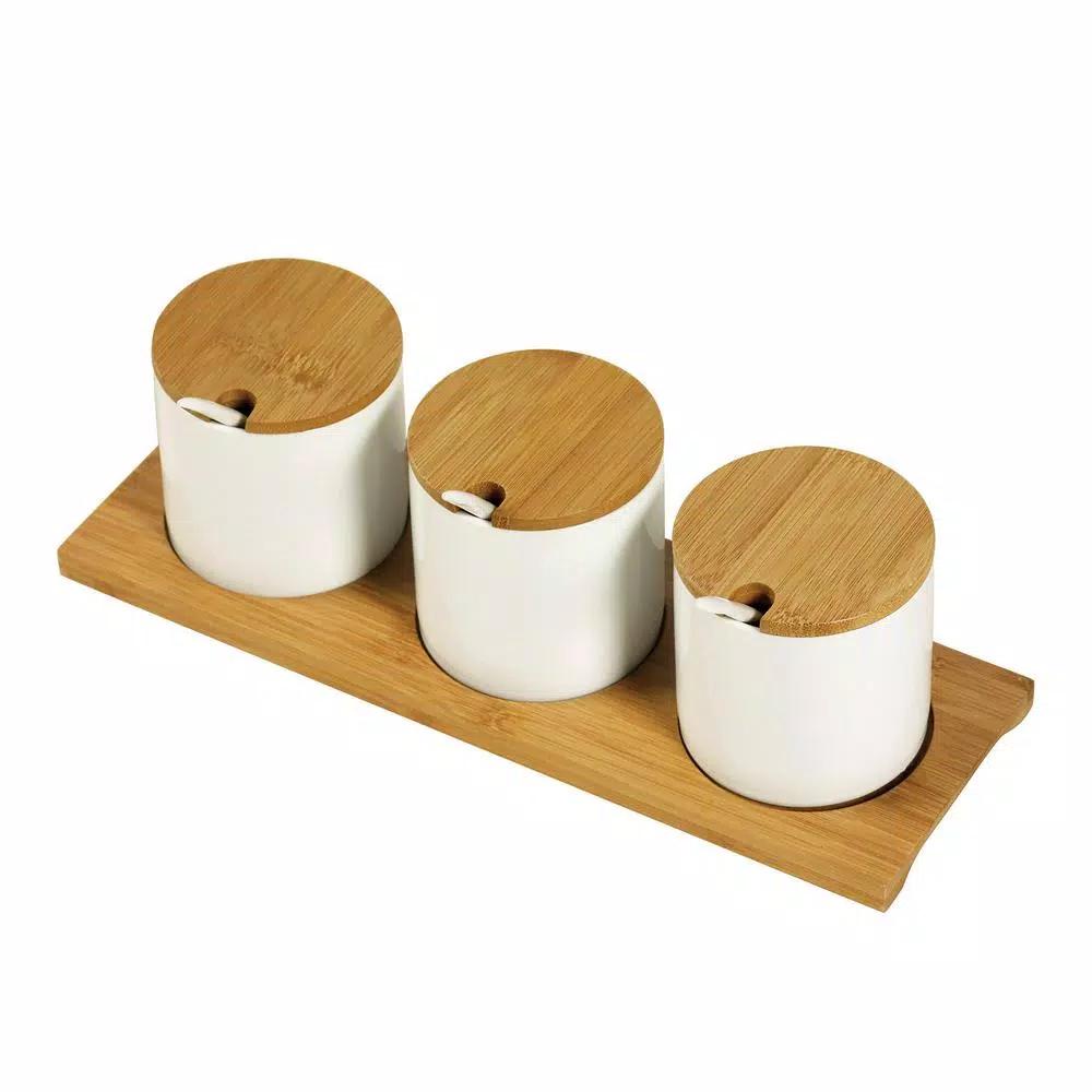 Unbranded Denmark Tools For Cooks 10-Piece White Porcelain Condiment Server Set with Bamboo Lids and Tray