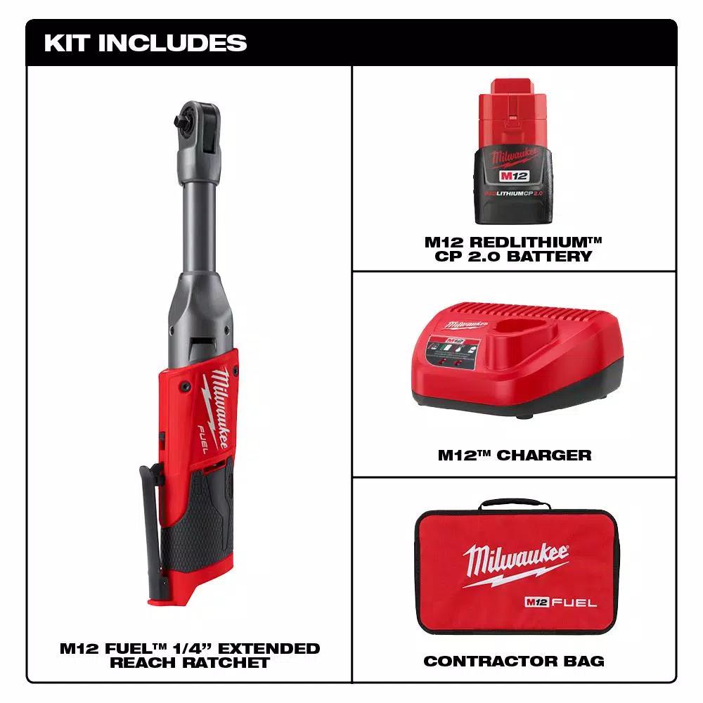 Milwaukee M12 FUEL 12V Cordless 1/4 in. Extended Reach Ratchet Kit with Metric Ratcheting Wrench Set