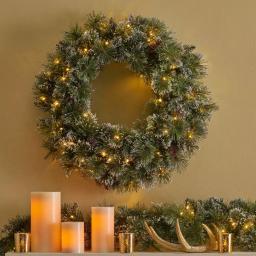 Noble House 24 in. Pre-Lit LED Artificial Christmas Wreath with Flocked Snow, Glitter, and Pinecones thumbnail 4