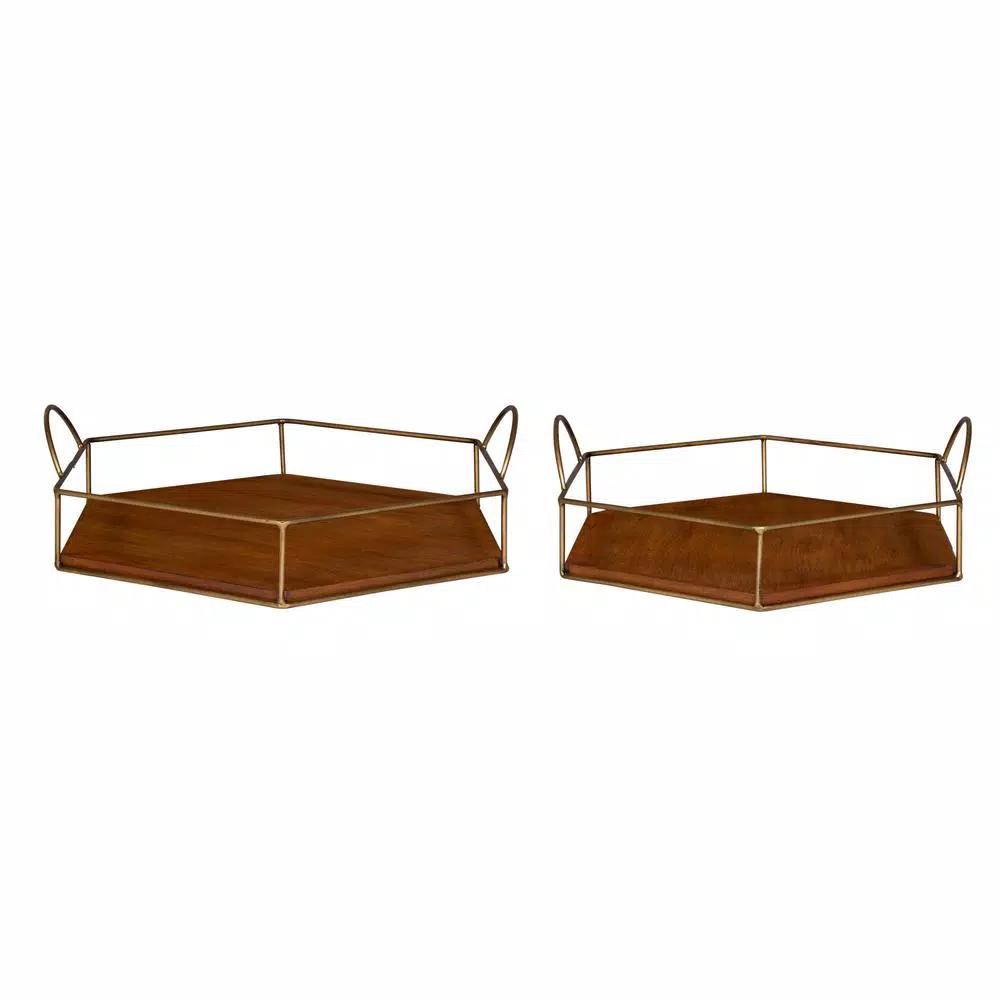 Kate and Laurel Westland Mid-Century Modern Wood and Metal Nesting Tray Set, Brown and Gold