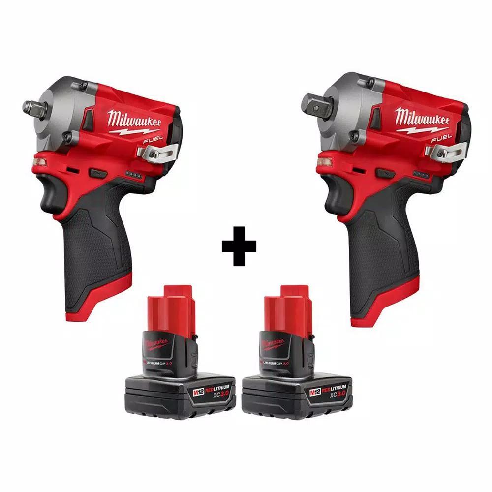 Milwaukee M12 FUEL 12V Brushless Cordless Stubby Impact Wrench Combo Kit (3/8 in. & 1/2 in.) with Two 3.0 Ah Batteries
