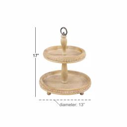 LITTON LANE Tall Natural Beige Birch Wood 2-Tier Round Serving Tray Stand with Wood Bead Accents thumbnail 5