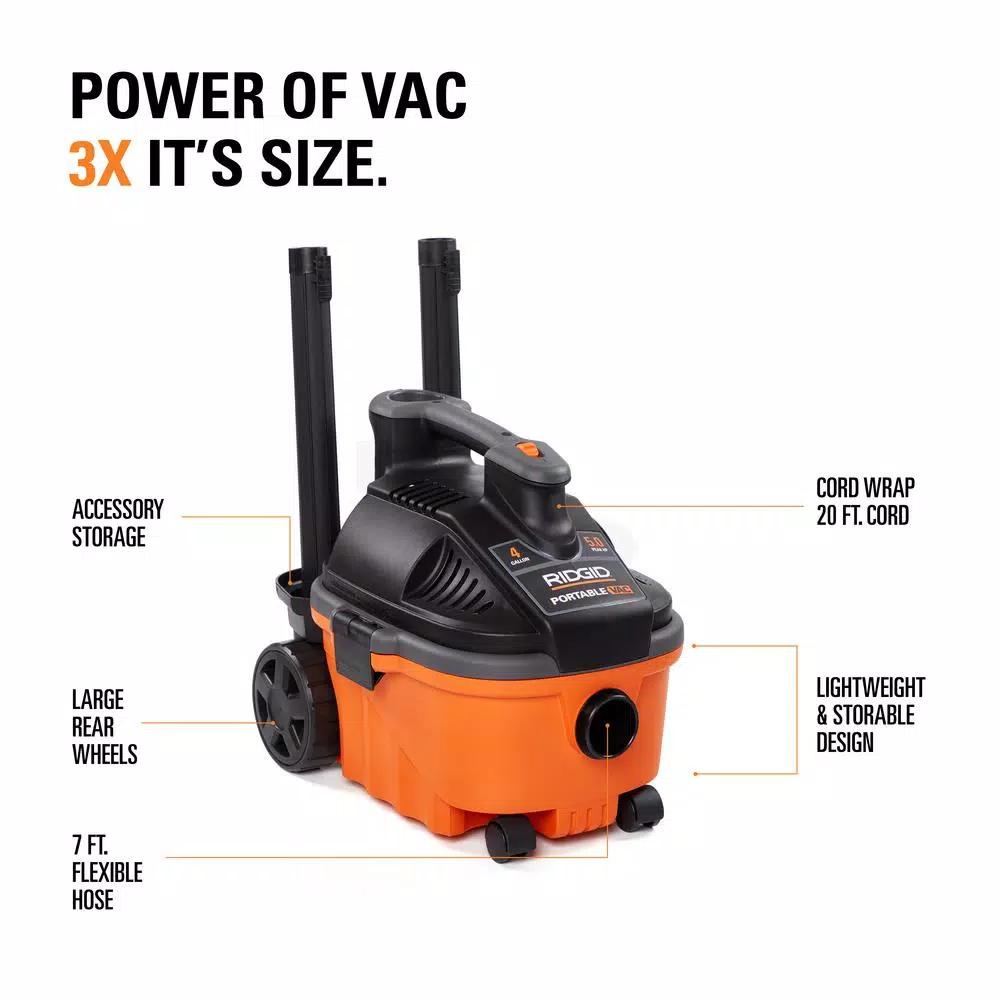 RIDGID 4 Gal. 5.0-Peak HP Portable Wet/Dry Shop Vacuum with Hose and Accessories