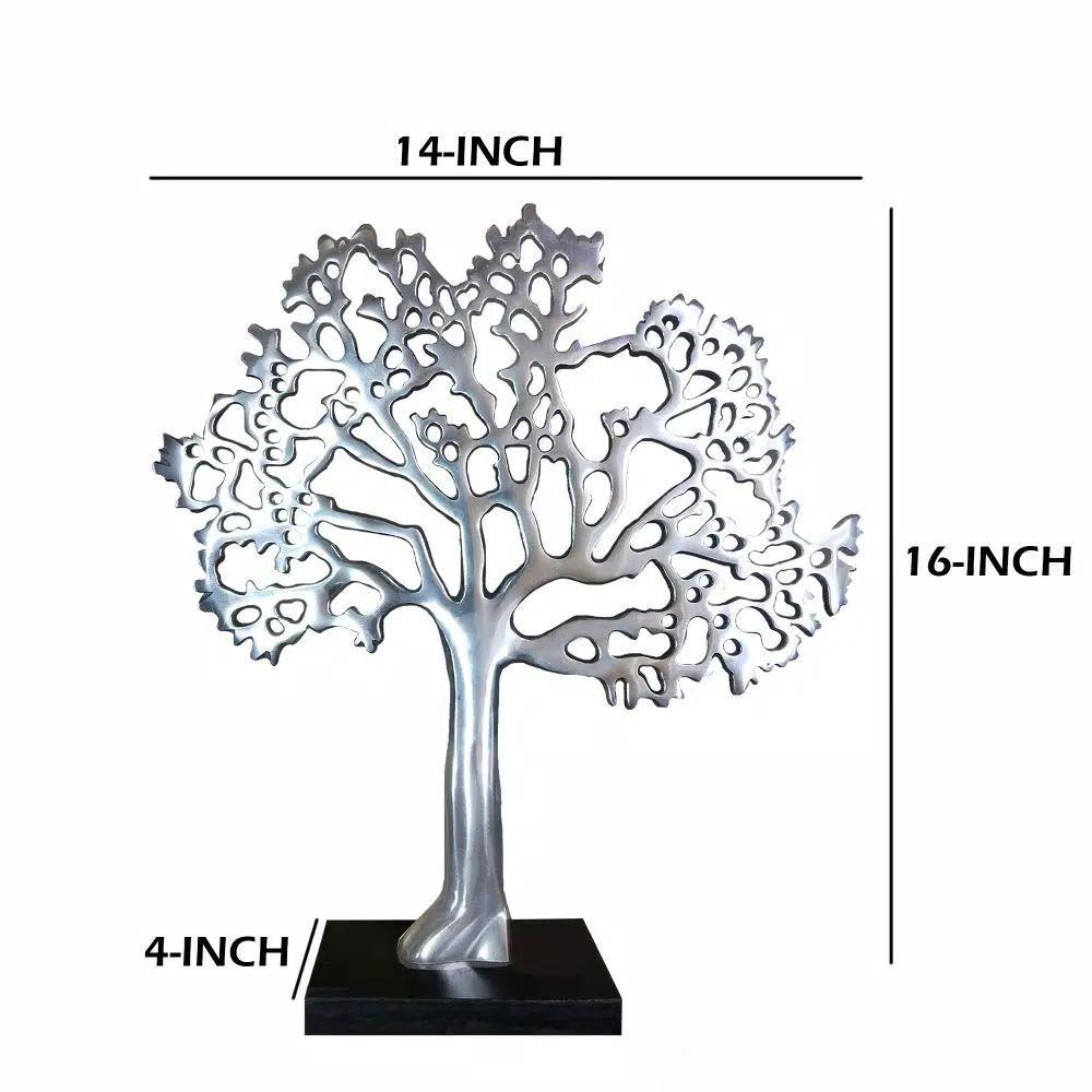 Benjara Modern Silver and Black Aluminum Tree Sculpture Decor with Block Base