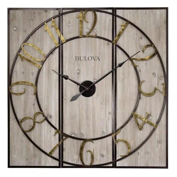 Bulova Vermont Country Store 45 in. Oversized 3-Panel Square Gallery Wall Clock - Weathered Grey Wood & Metal
