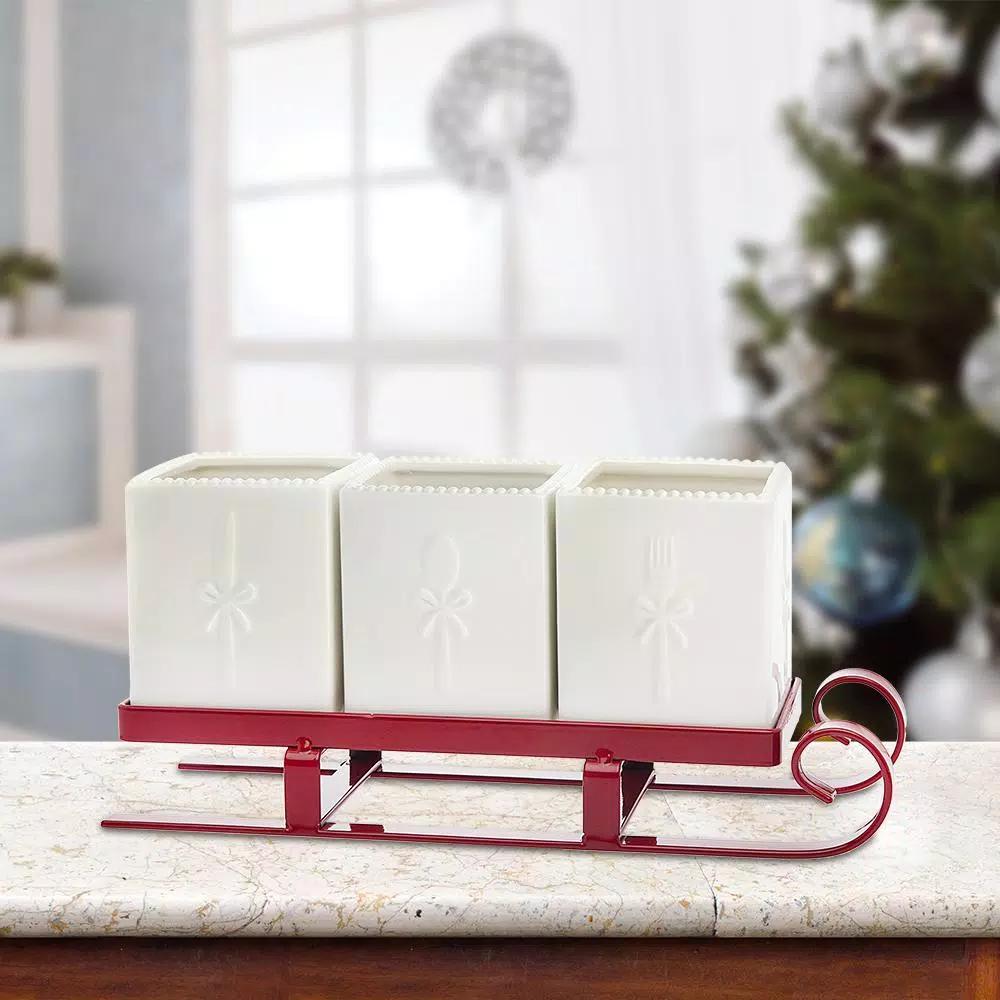 Godinger White Metal Santa Sleigh Flatware Caddy for Christmas Tabletop Decor