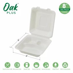 Unbranded 8 in. White Sugarcane 3-Compartment Sectional Clamshell Containers, 300 Pack thumbnail 3