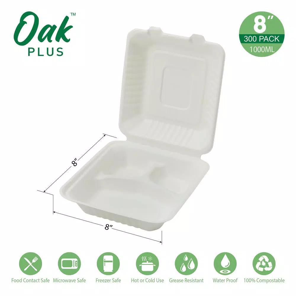 Unbranded 8 in. White Sugarcane 3-Compartment Sectional Clamshell Containers, 300 Pack