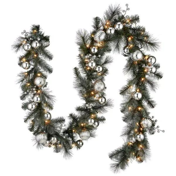 National Tree Company 9 ft. Frosted Silver Pine Garland with 70 Clear Lights and Silver Ornaments