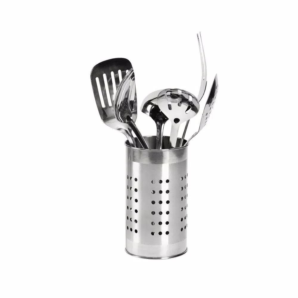 Basic Essentials 7-Piece Stainless Steel Kitchen Utensil Set with Organization Tub