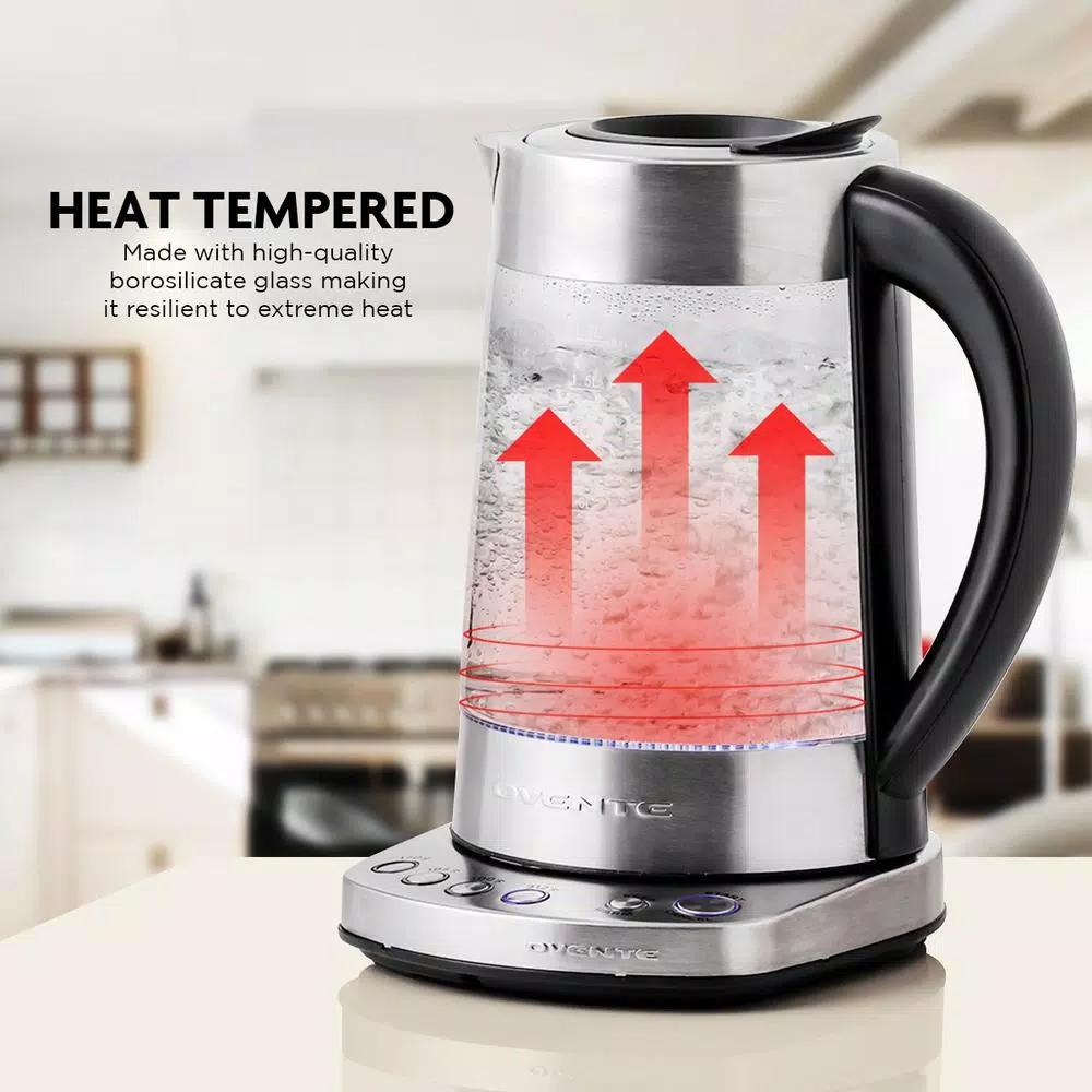 Ovente 1.7L Variable Temperature Glass Electric Kettle with ProntoFill Technology, Silver