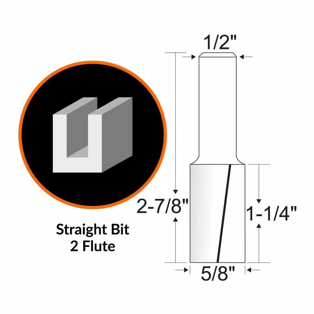 WEN 5/8 in. Straight 2-Flute Carbide Tipped Router Bit, 1/2 in. Shank
