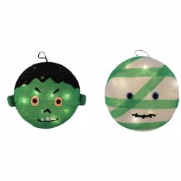 Northlight 14 in. LED Mummy and Frankenstein Halloween Hanging Decorations, Set of 2 thumbnail 1