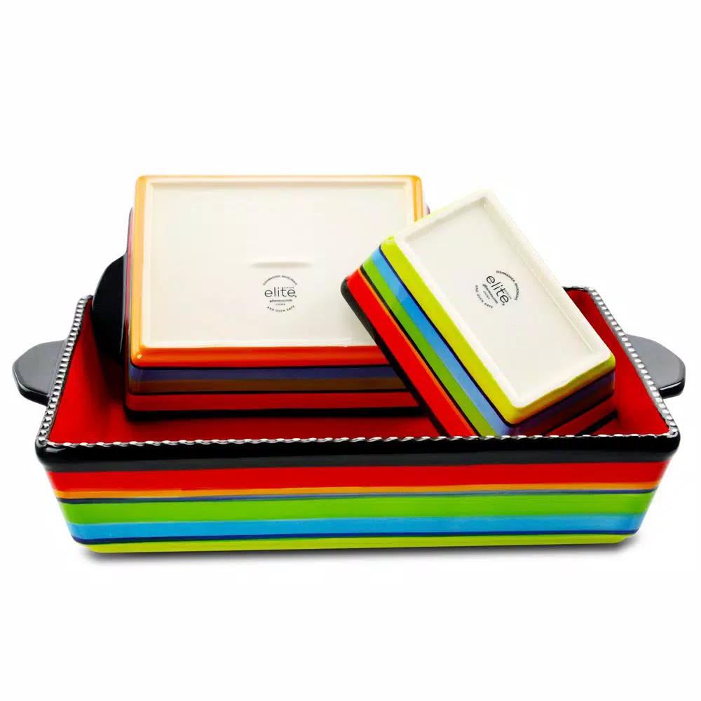 Gibson Pueblo Springs 3-Piece Stoneware Bakeware Set, Assorted Colors, Rectangular Ceramic Baking Dishes