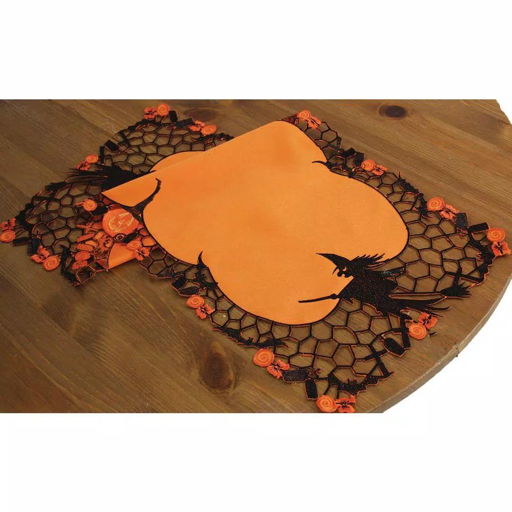 Xia Home Fashions Witch Embroidered Cutwork Halloween Table Runner, Orange Polyviscose