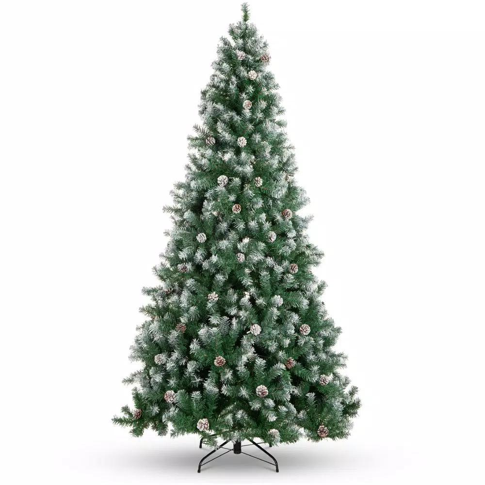 Best Choice Products 9 ft. Unlit Flocked Virginia Pine Artificial Christmas Tree with Pine Cones and Holly Berries