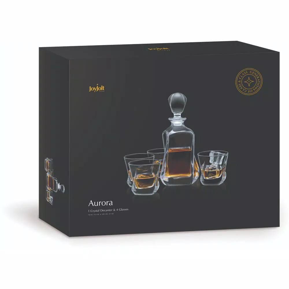 JoyJolt Aurora Crystal Whiskey Decanter Set with 4 Old Fashioned Glasses