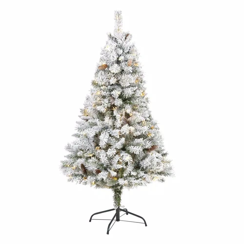 Nearly Natural 5 ft. Flocked River Mountain Pine Artificial Christmas Tree with 150 LED Lights and Pine Cones