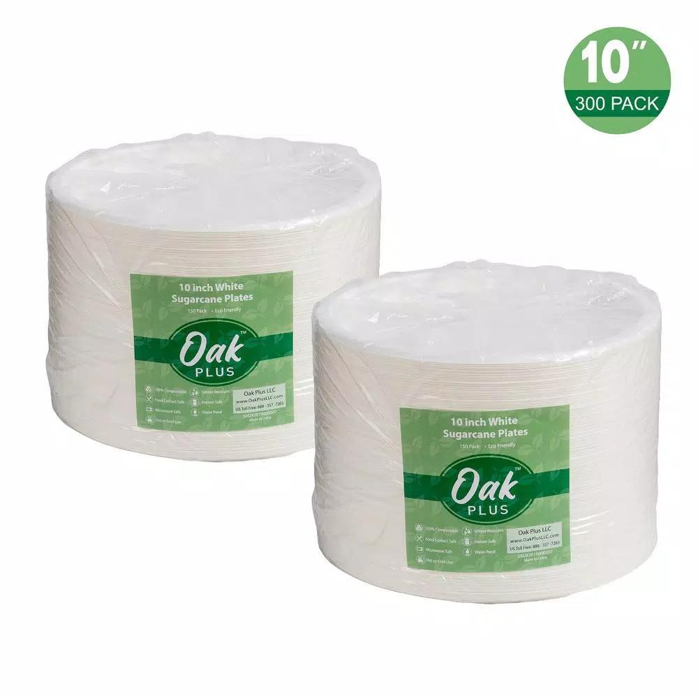 Unbranded 10 in. White Sugarcane Plates, 300 Pack - Eco-Friendly Biodegradable Disposable Plates