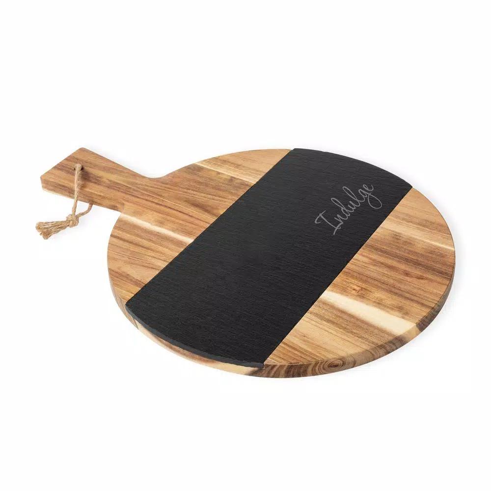 Cathy's Concepts Indulge Round Acacia Wood and Natural Slate Serving Board with Cheese Knife