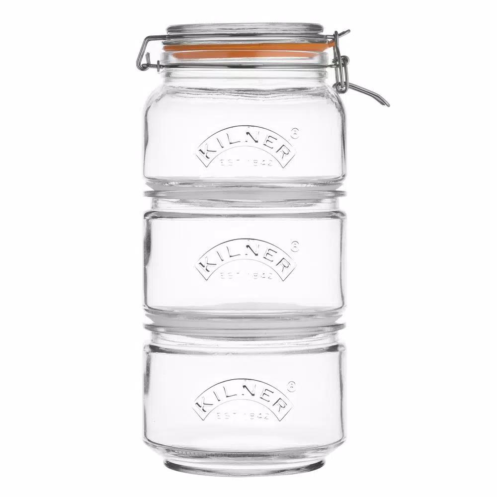 Kilner 4 Piece Stackable Glass Storage Jar Set with Clip Top and Push Top Lids