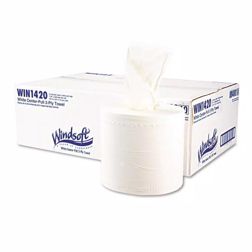 Windsoft Center-Flow Perforated Paper Towel Rolls, 2-Ply White, 8 x 13.5 in (6 Rolls per Carton)