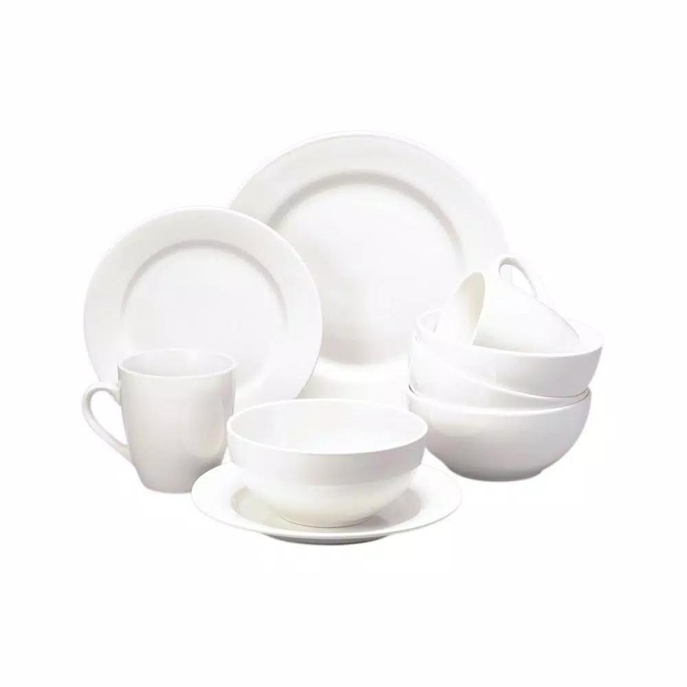 THOMSON POTTERY Basic White Stoneware Dinner Plate Set of 8 - Round Rimmed Plates