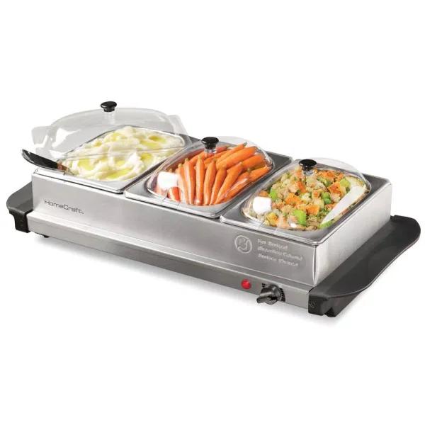 HomeCraft 1.5 Qt. Stainless Steel 3-Tray Buffet Server with Warming Tray Base