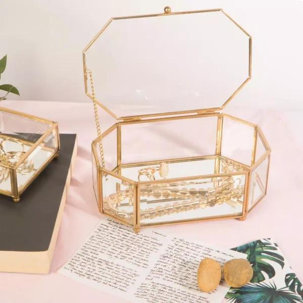 Home Details Vintage Gold Octagonal Glass Keepsake Box with Mirrored Bottom