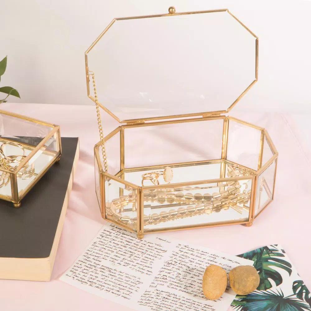 Home Details Vintage Gold Octagonal Glass Keepsake Box with Mirrored Bottom