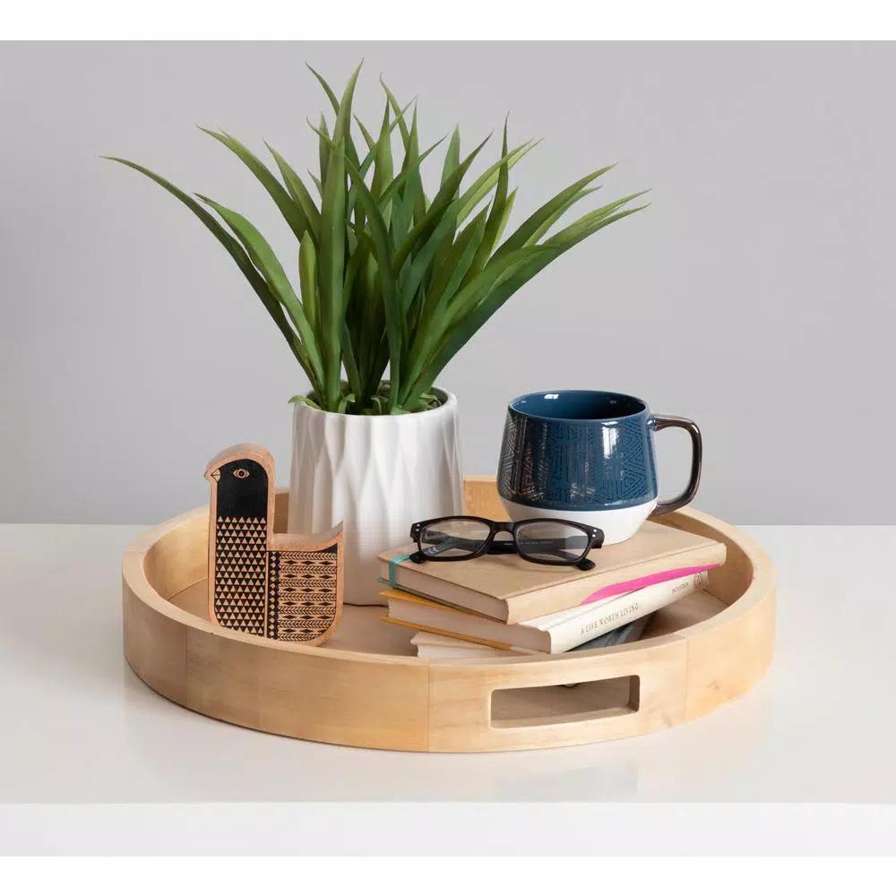 Kate and Laurel Hutton 18.25 in. Round Natural Wood Decorative Tray with Built-in Handles